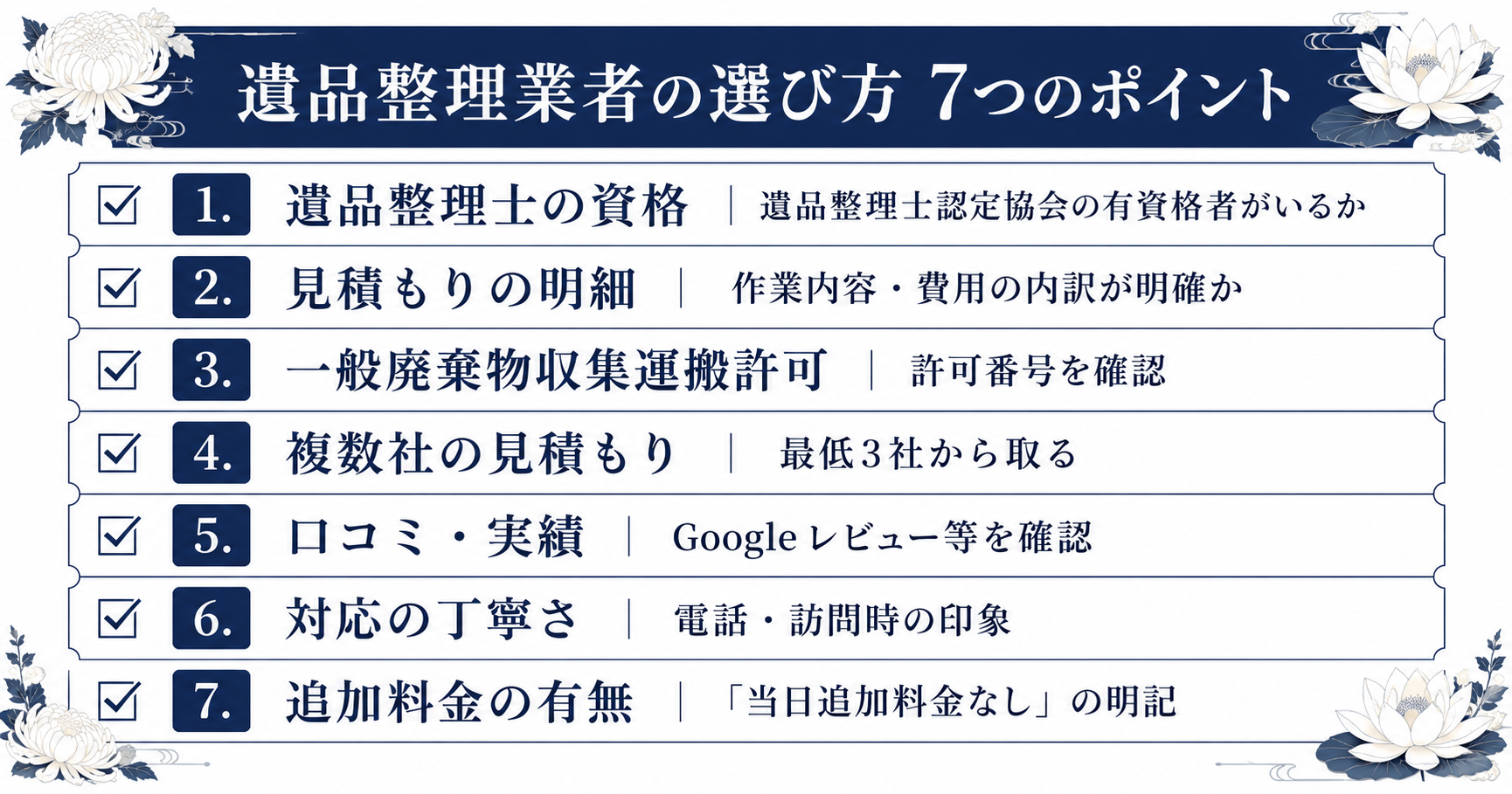 遺品整理業者の選び方7つのポイントのチェックリスト